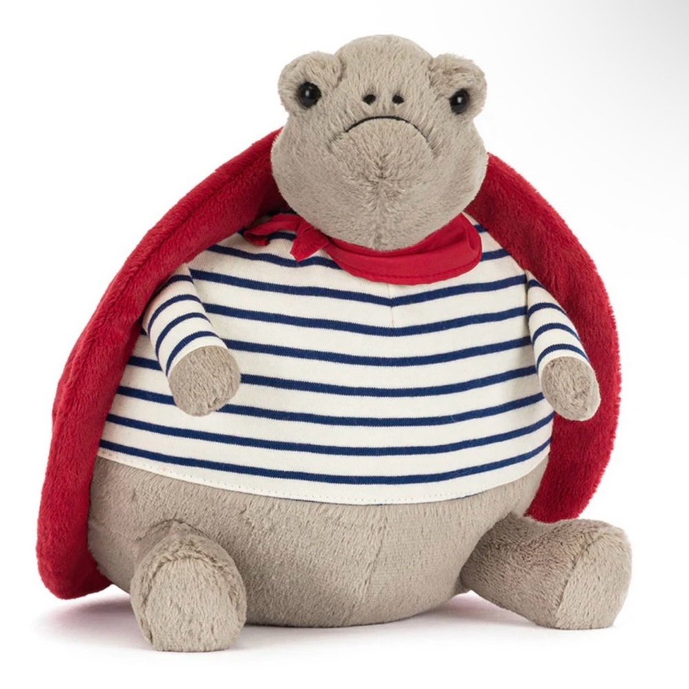 Plush Frog Toy with Striped Shirt and Red Cape